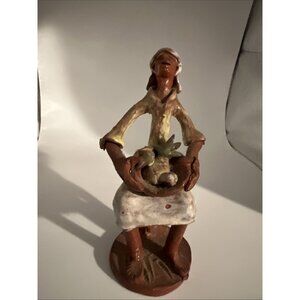 Vtg Woman W/Basket Pineapple Clay Folk Art Figurine Artist Handmade & Signed